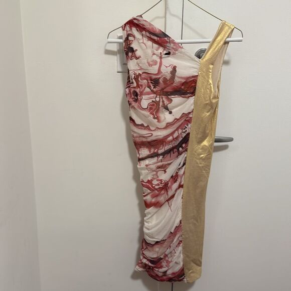 Jean Paul Gaultier Soleil 90’s Mesh Ruched Dress with Gold & Abstract Pattern. - Picture 6 of 9